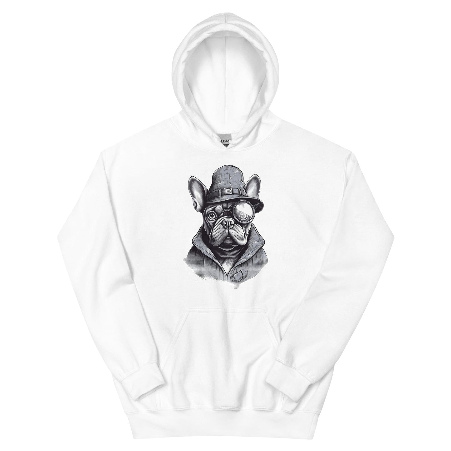 Frenchie Monocle: Stylish Canine Fashion with a Touch of Sophistication - Unisex Hoodie - Frenchie Emporium