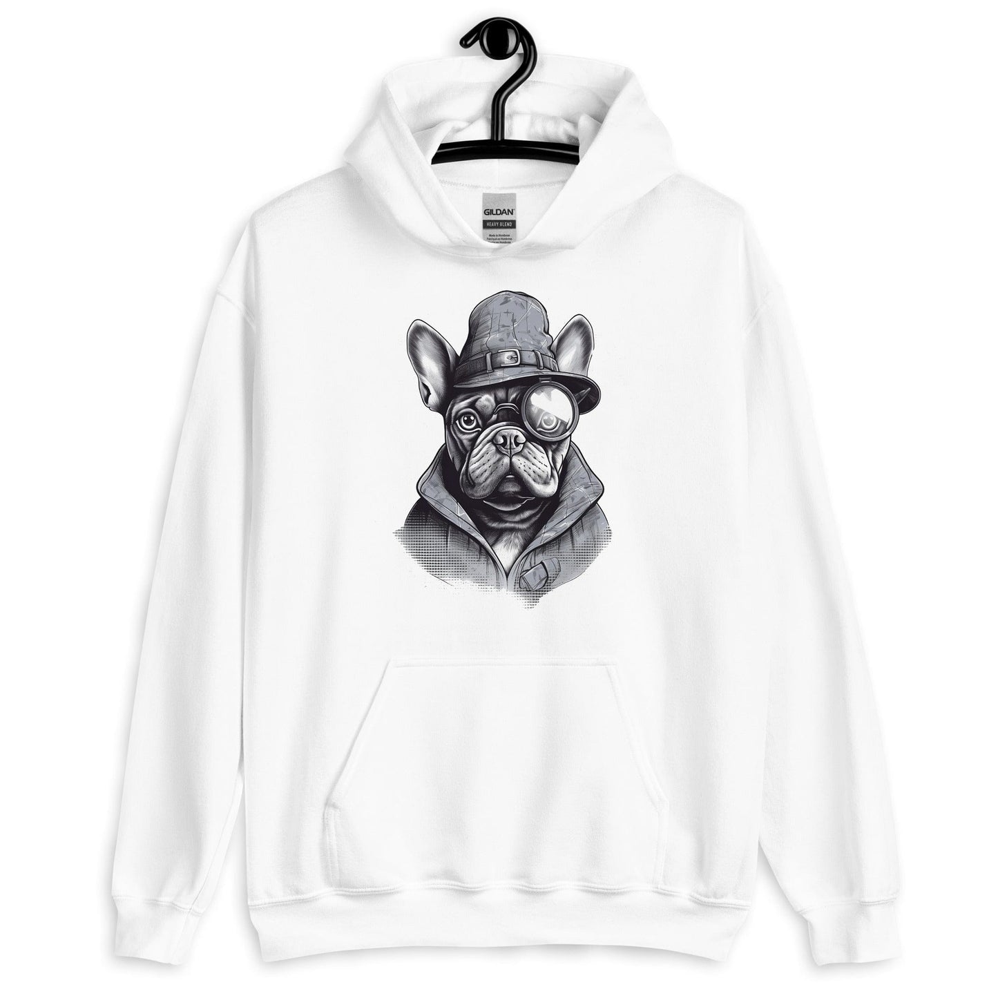 Frenchie Monocle: Stylish Canine Fashion with a Touch of Sophistication - Unisex Hoodie - Frenchie Emporium