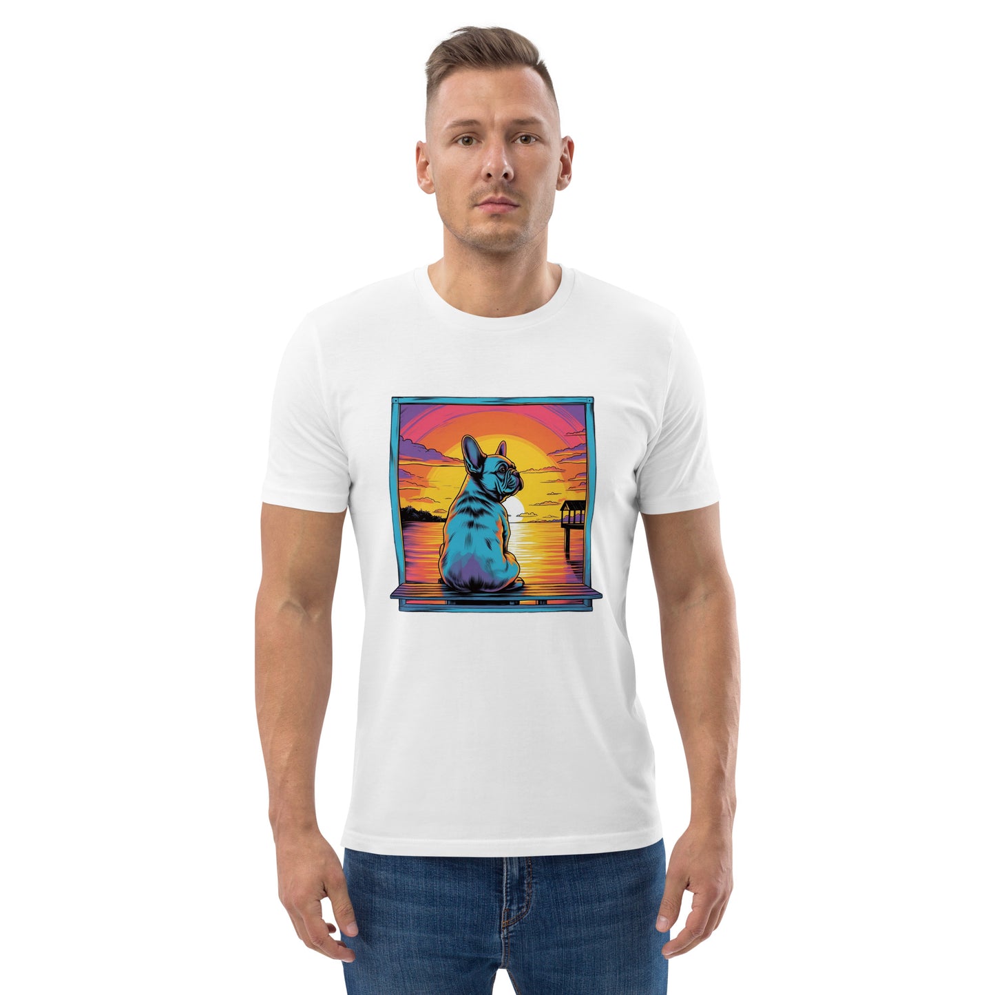 Frenchie Sitting on a dock of a bay - unisex organic cotton t-shirt - Frenchie Emporium