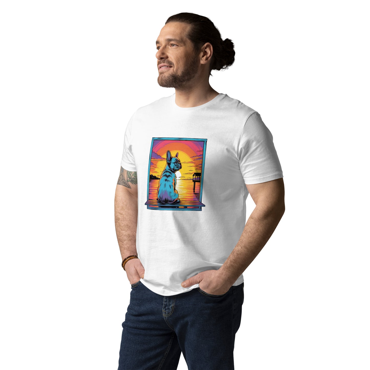 Frenchie Sitting on a dock of a bay - unisex organic cotton t-shirt - Frenchie Emporium