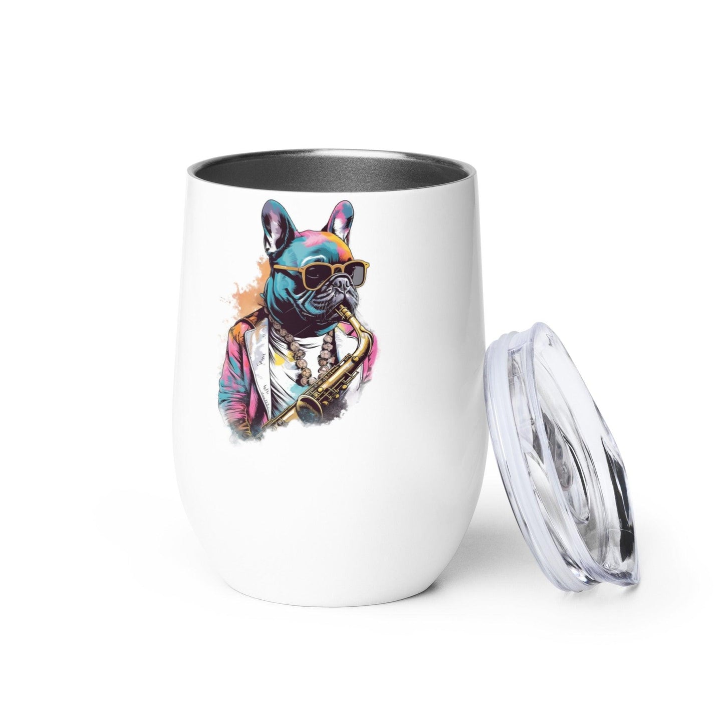 Jazzy Frenchie Saxophonist Wine tumbler