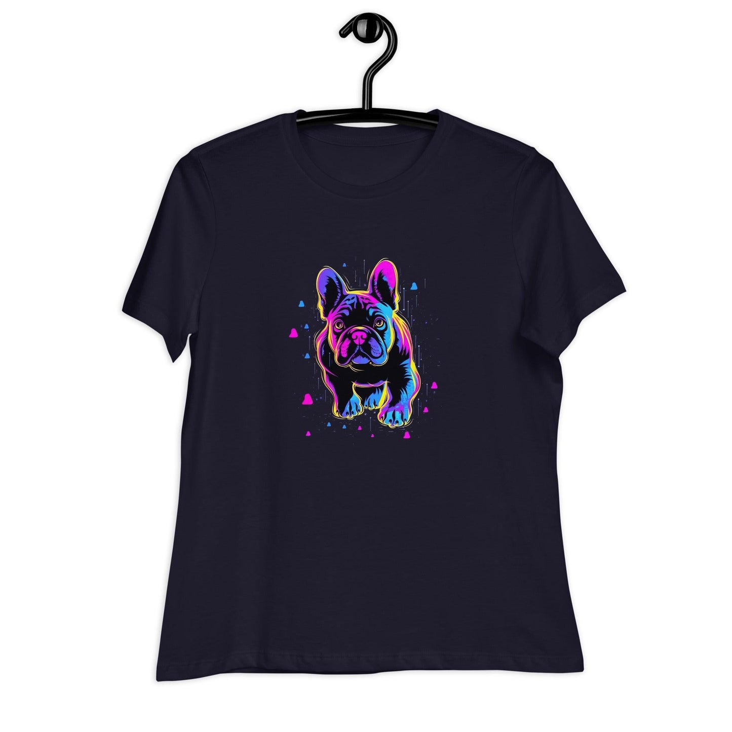 Neon Love Frenchie - Women's T-Shirt with Pink and Blue Hearts - Frenchie Emporium