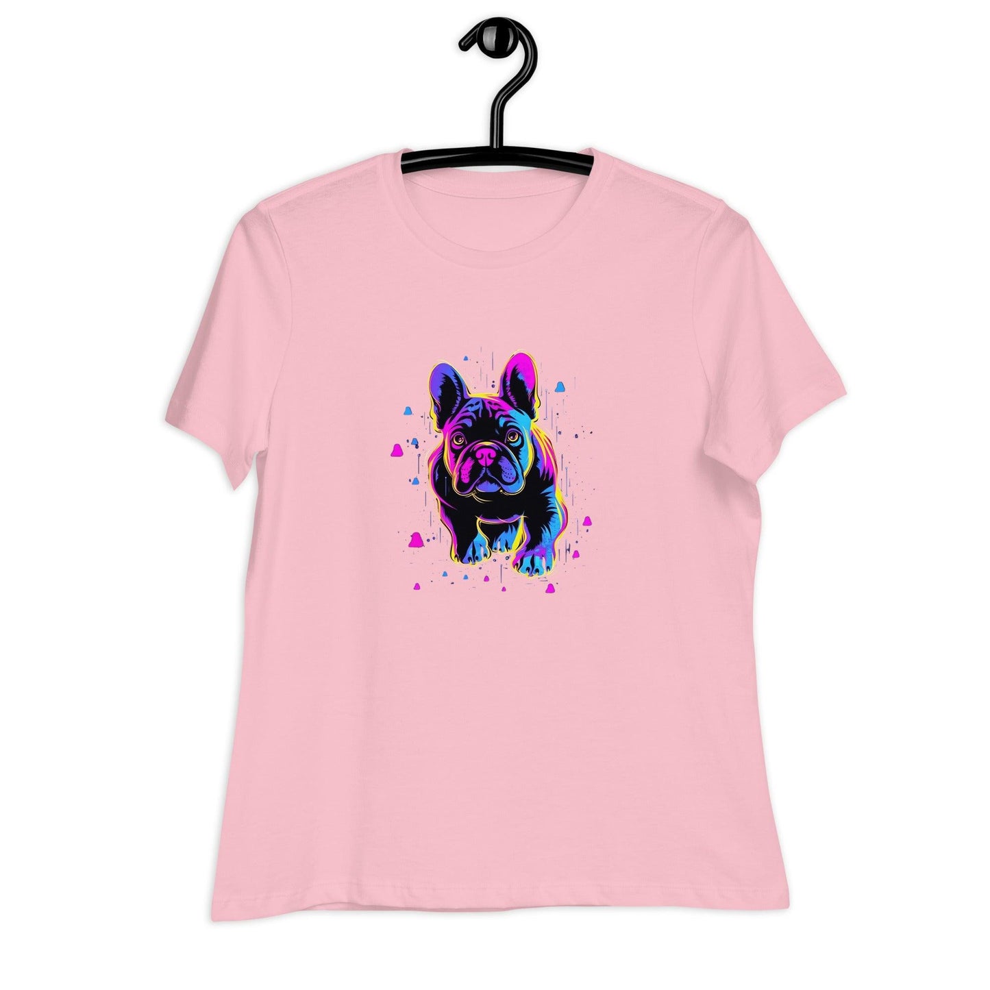 Neon Love Frenchie - Women's T-Shirt with Pink and Blue Hearts - Frenchie Emporium