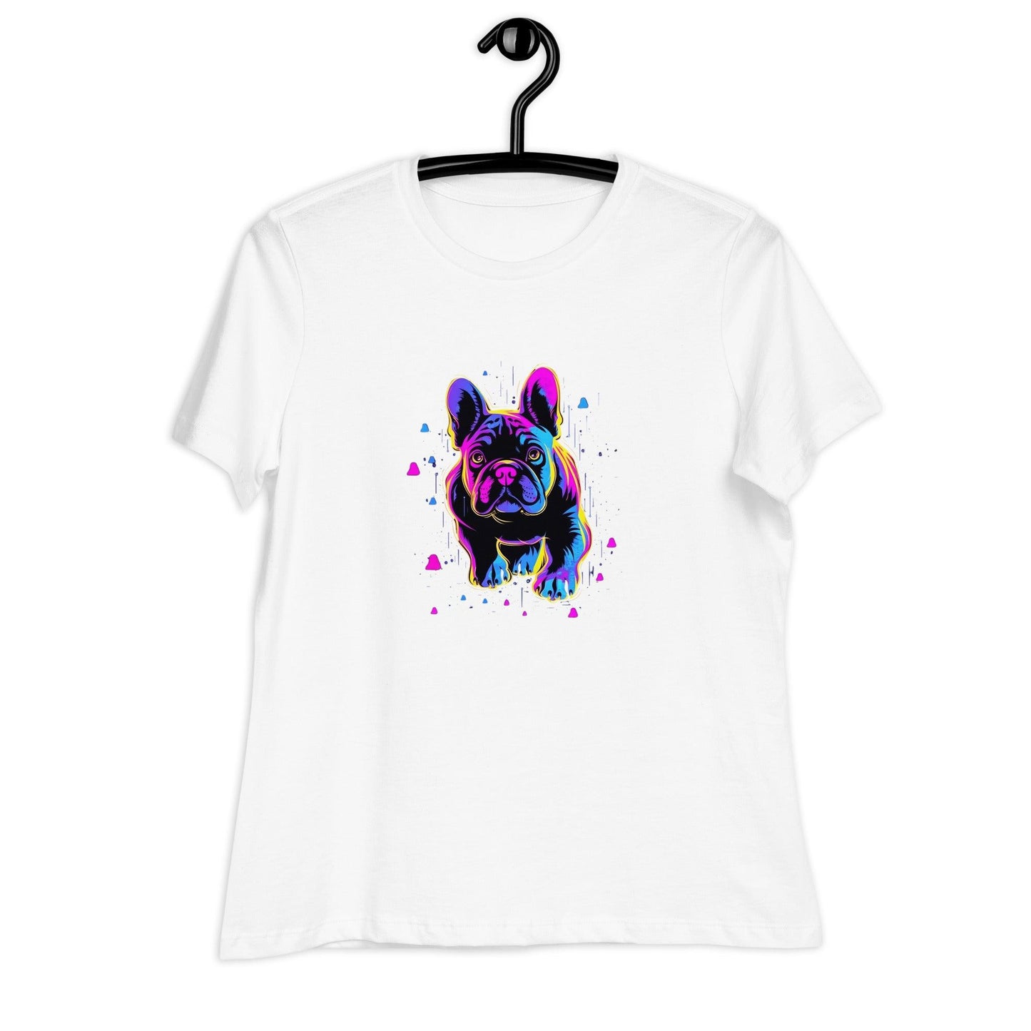 Neon Love Frenchie - Women's T-Shirt with Pink and Blue Hearts - Frenchie Emporium