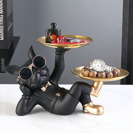 French Bulldog Butler with Double Gold Metal Tray Gift